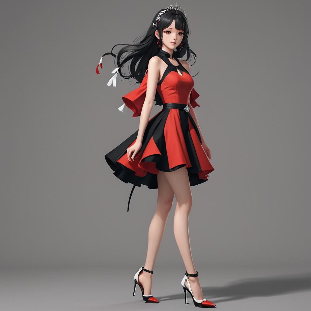 Create beautiful and stunning woman dressed in red and black...