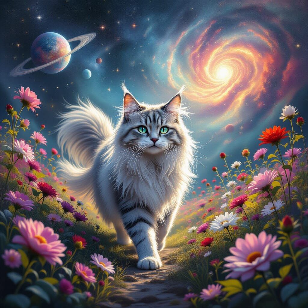 A majestic, ethereal cat with fur like spun moonlight walks through a cosmic garden where stars bloom like flowers.