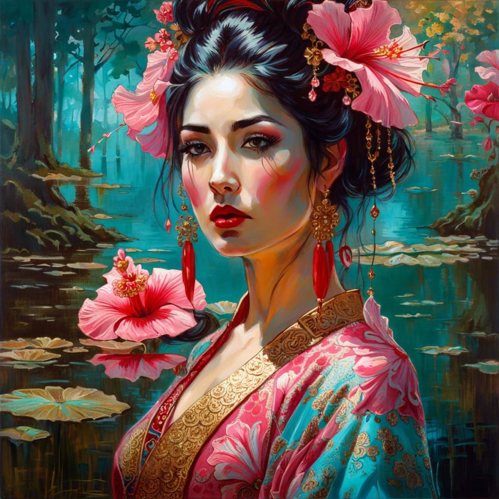 Geisha Reflected in Mirrored Pond: Dark Fantasy Art