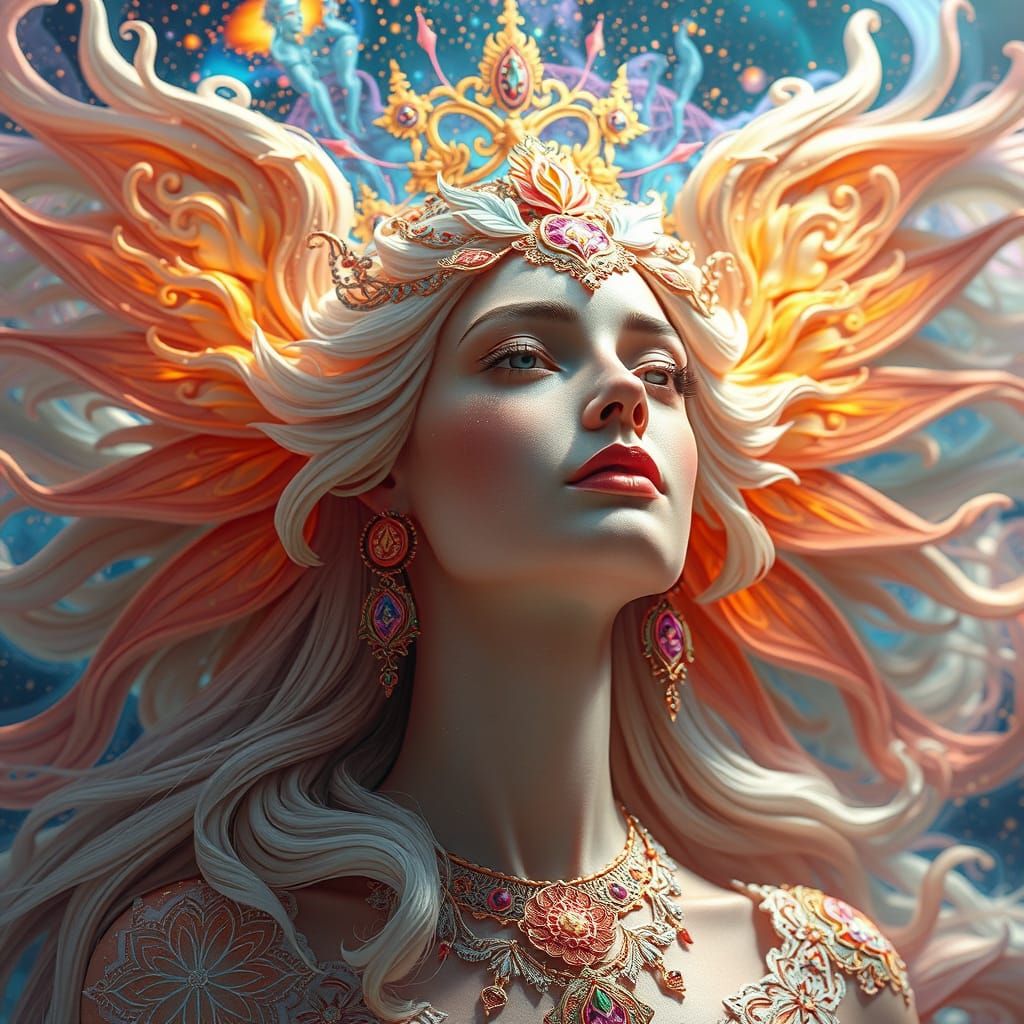 hyperrealistic, beautiful ethereal goddess, extremely colorful, colors exploding in the cosmos, psychedelic forms, intricate details, detail...