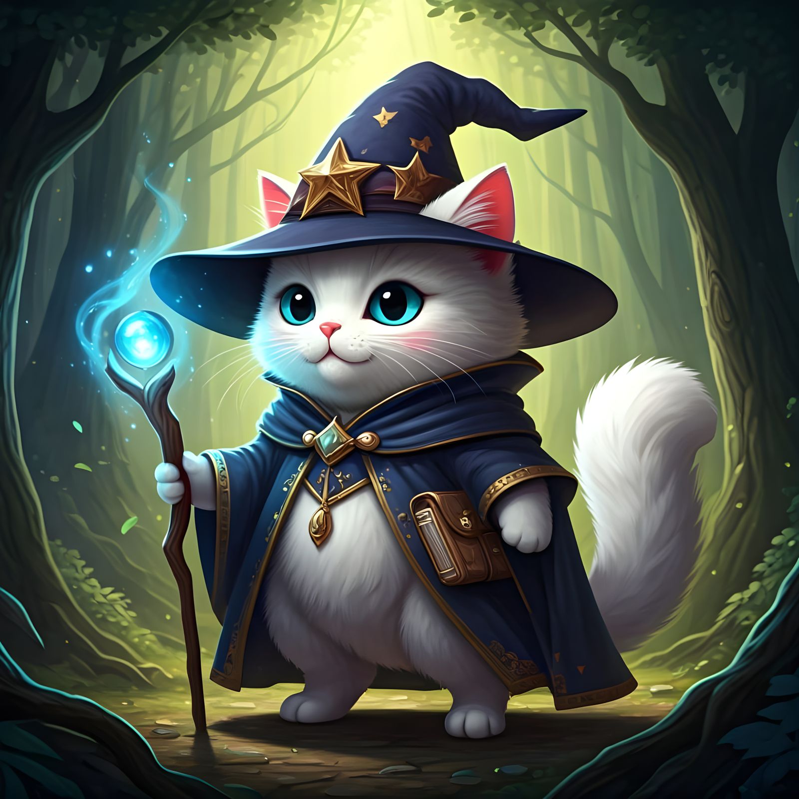 Charming Kawaii Cat Wizard in Fantasy Forest
