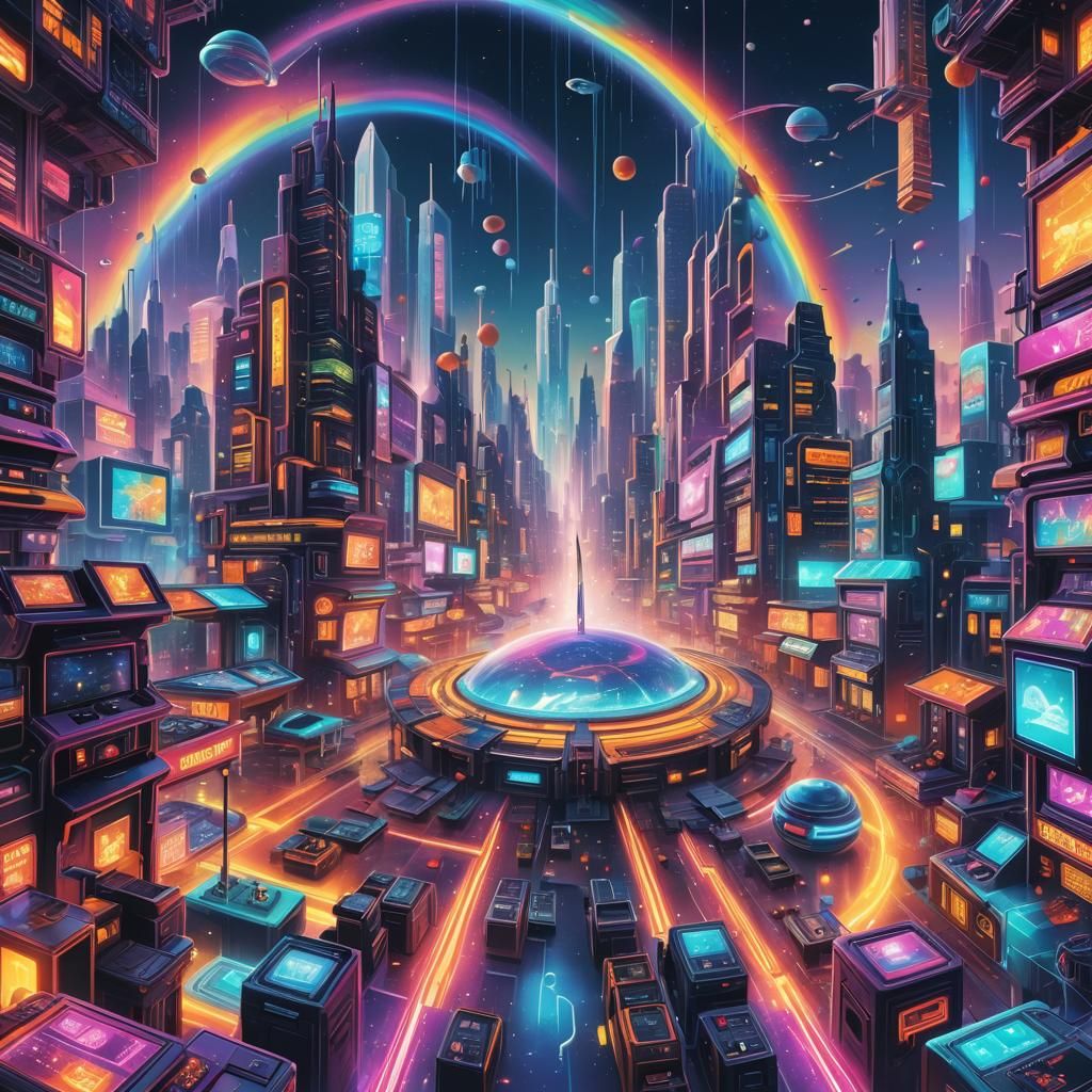 Futuristic Rainbow Video Game Arcade City - AI Generated Artwork ...