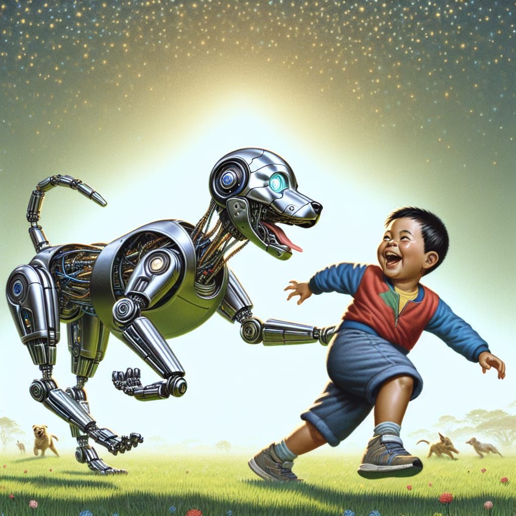 (cyborg puppy:1.1) playing with (human child:1.4) (submitted...
