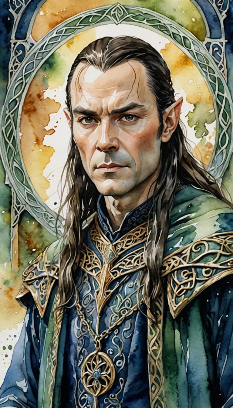 watercolor portrait of Lord of The Ring character King Elrond, hyper ...