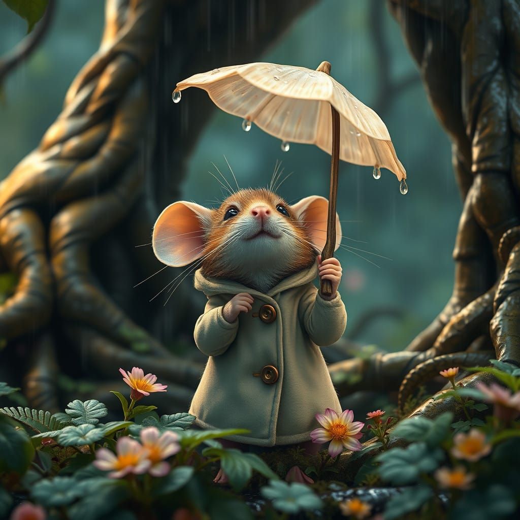 Raincoat mouse, with petal parasol for wet weather