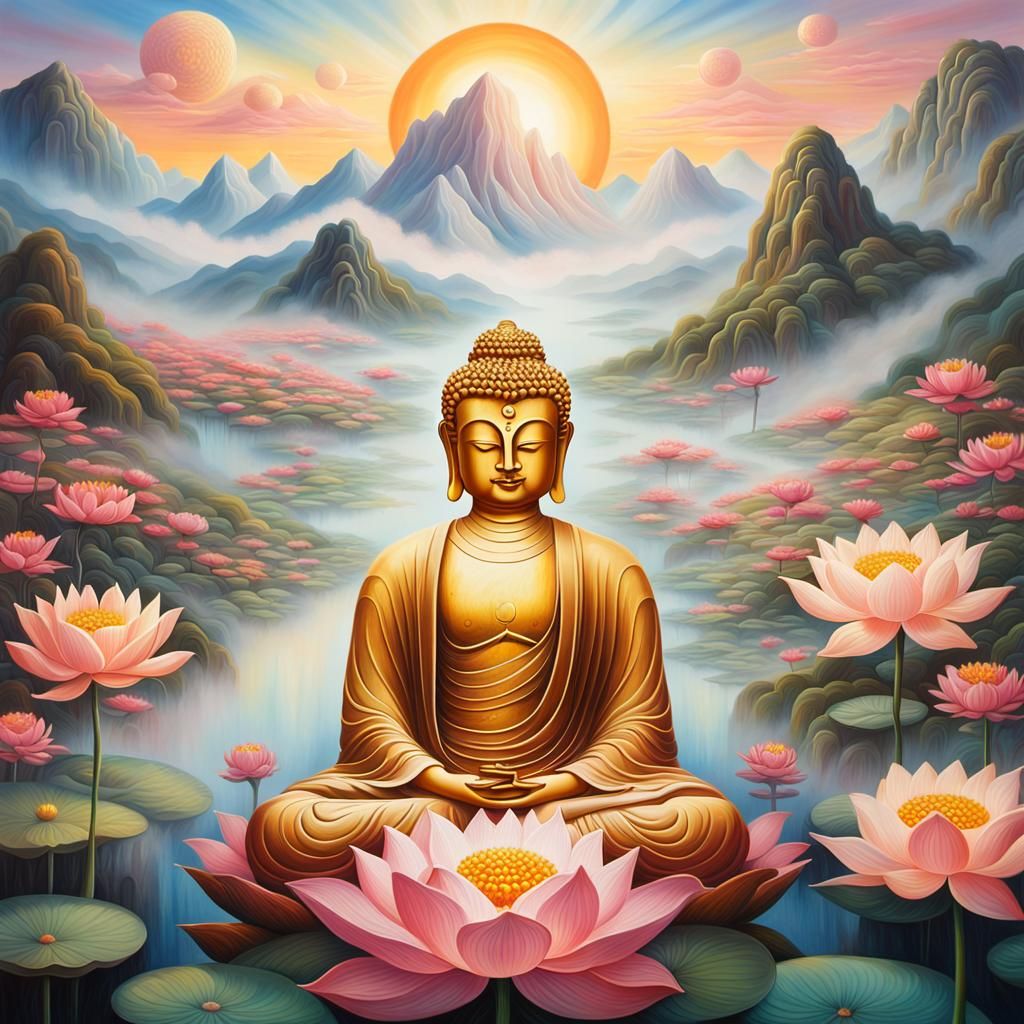 Buddha in Surreal Dreamscape: Vibrant Oil Painting