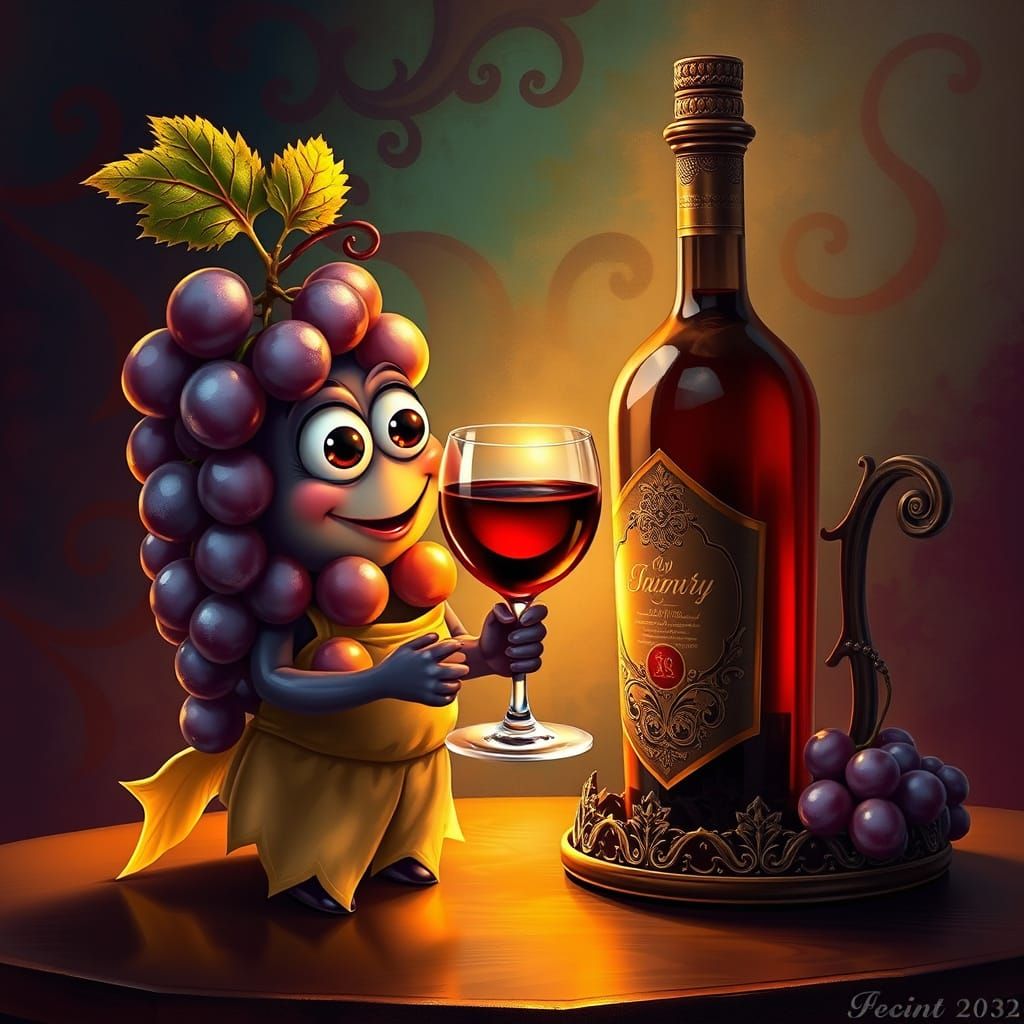 a bunch of grapes with big eyes and a smiling mouth holds a glass of red wine in his hands and looks ...  by @Schoor