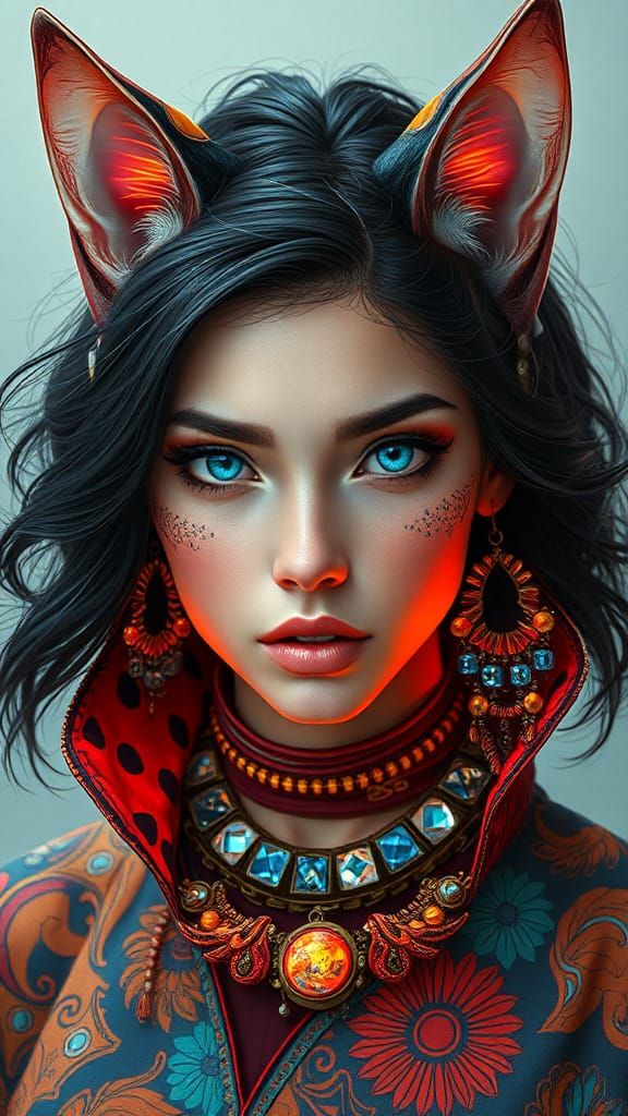 Hyperrealistic fully body of a beautiful cat ear woman with blue eyes