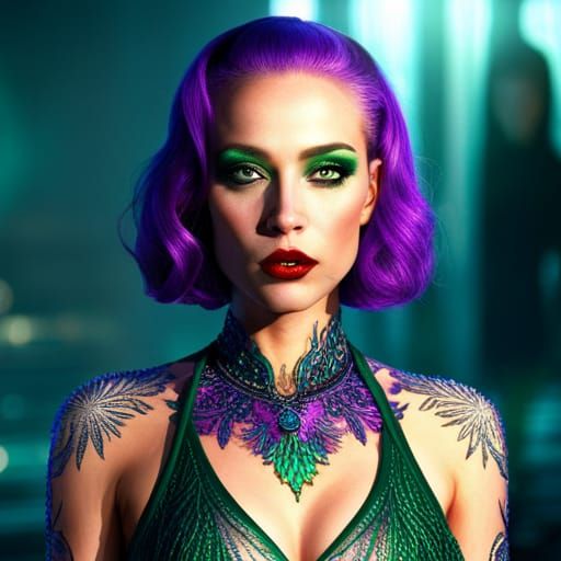 supermodel, purple hair, emerald green eyes, facial shot