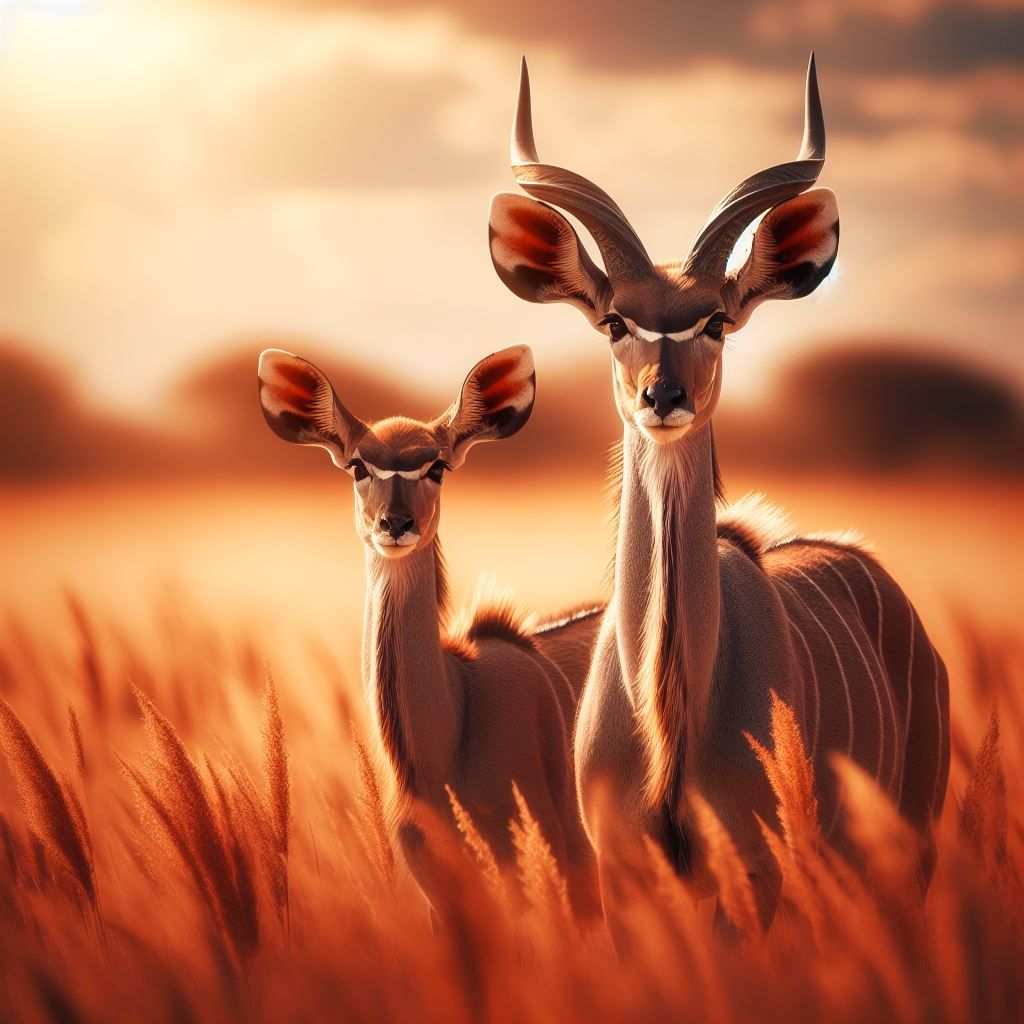 Two kudus, standing in the savanna