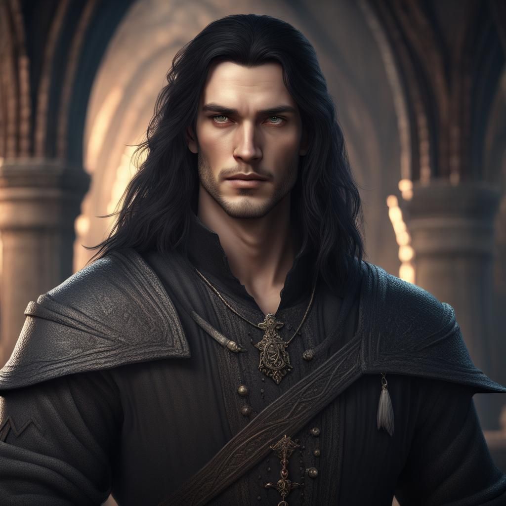 Charming, handsome mysterious medieval man, long dark hair, dark eyes ...