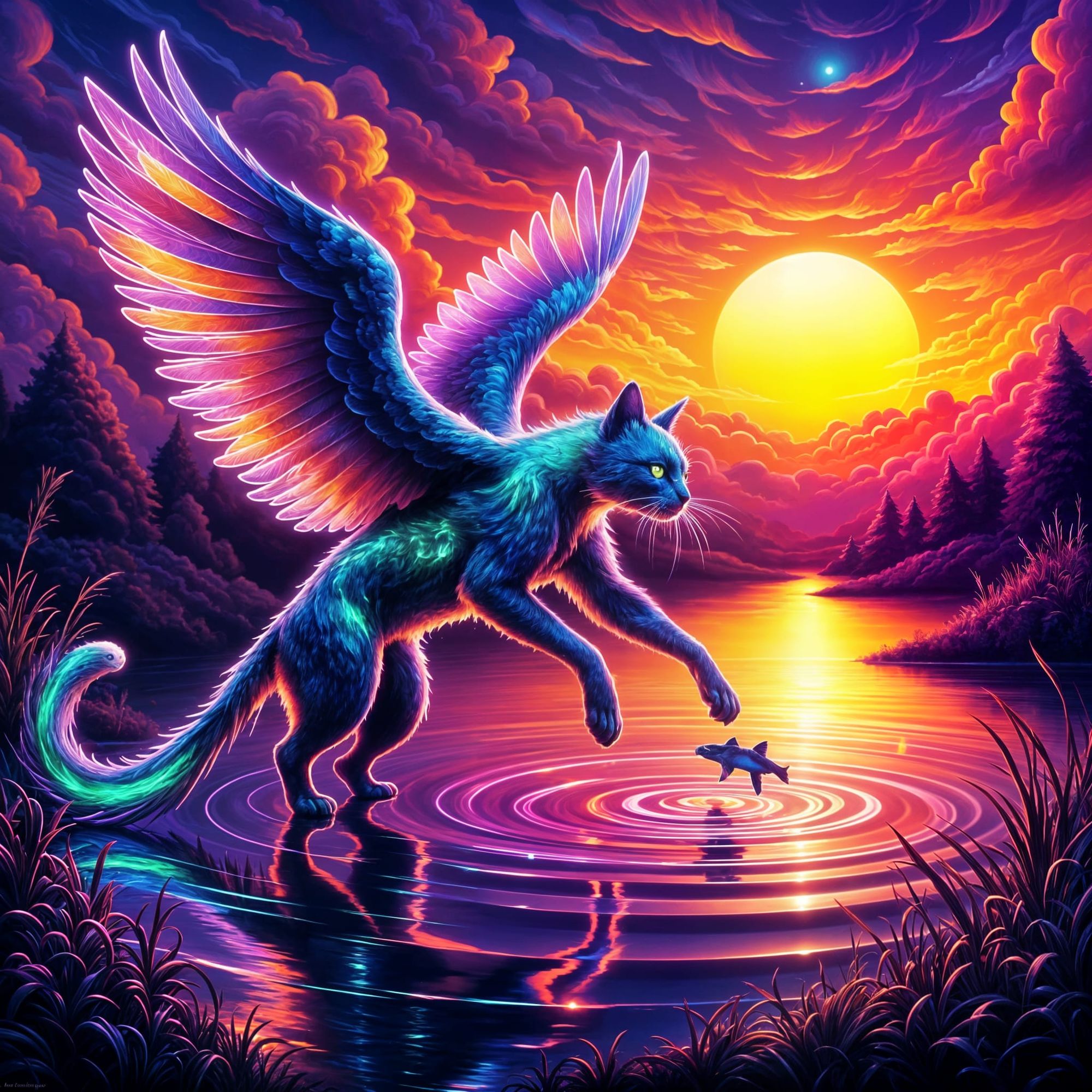 The Catbird has just landed in the shallow water and is reaching for the jumping fish (Neon Cosmic Cat #6)