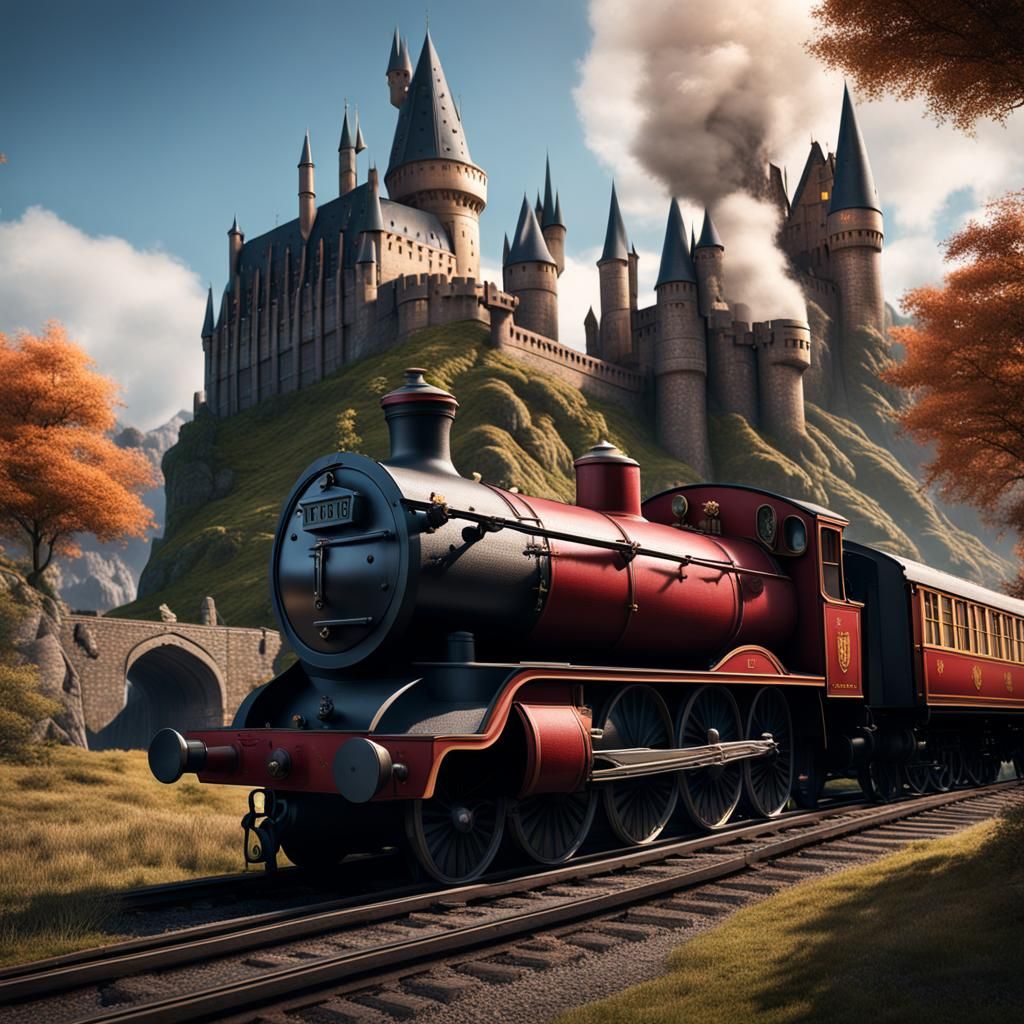 Hogwarts express in front of castle
