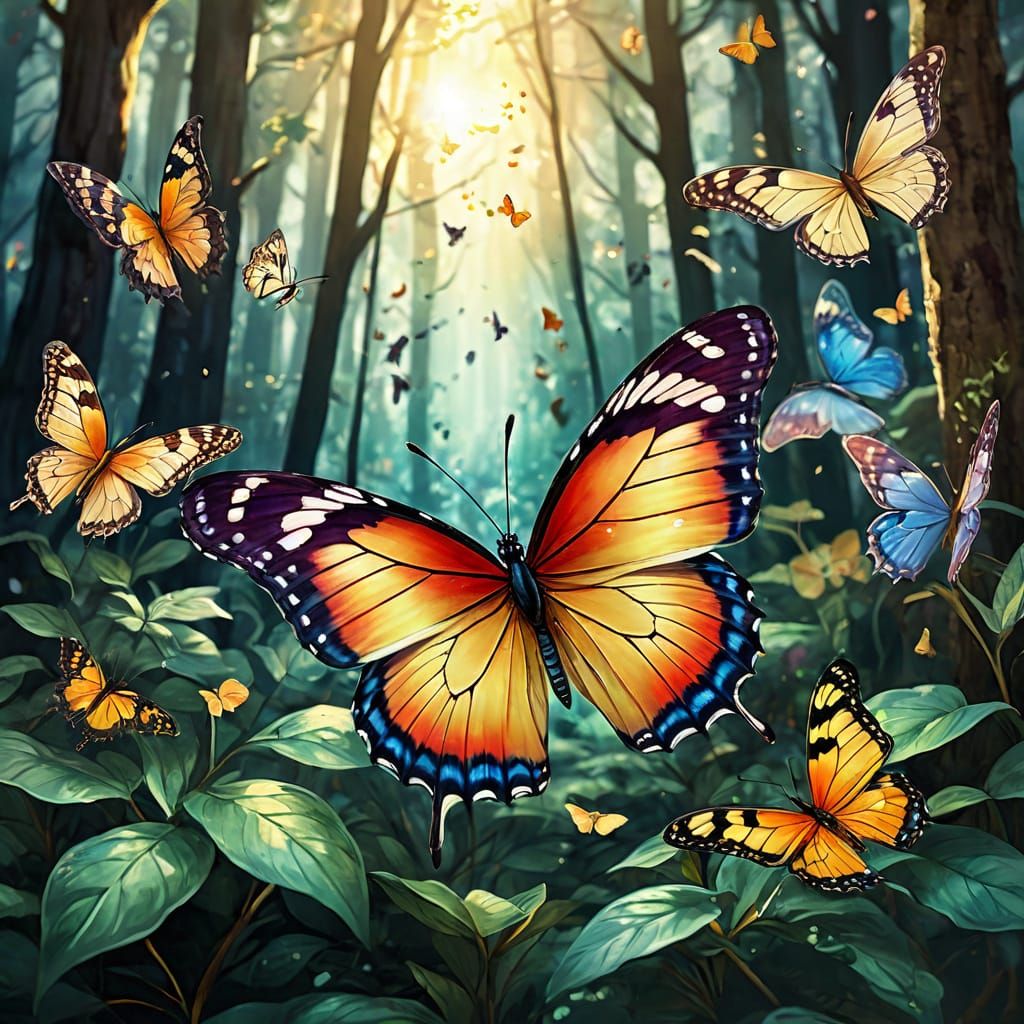 Whimsical Fairy Tale Butterflies in a Vibrant Forest