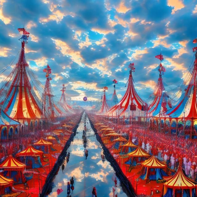  <lora:MJ6 Dark Fantasy DS8:1.0> A whimsical carnival with colorful tents and fantastical performers