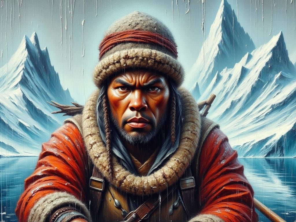 Expressionist Impasto Painting of Inuit Hunter in Frigid Gre...