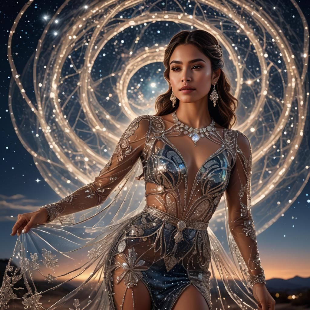 Hispanic Woman in Glass Dress Under Night Sky