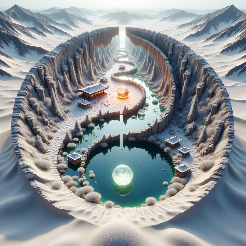 Yin-yang scenery on a crumbling sand stairs, Distant hyperdetailed fire_and_waterfalls_village inside a winter japanese garden inside a whit...