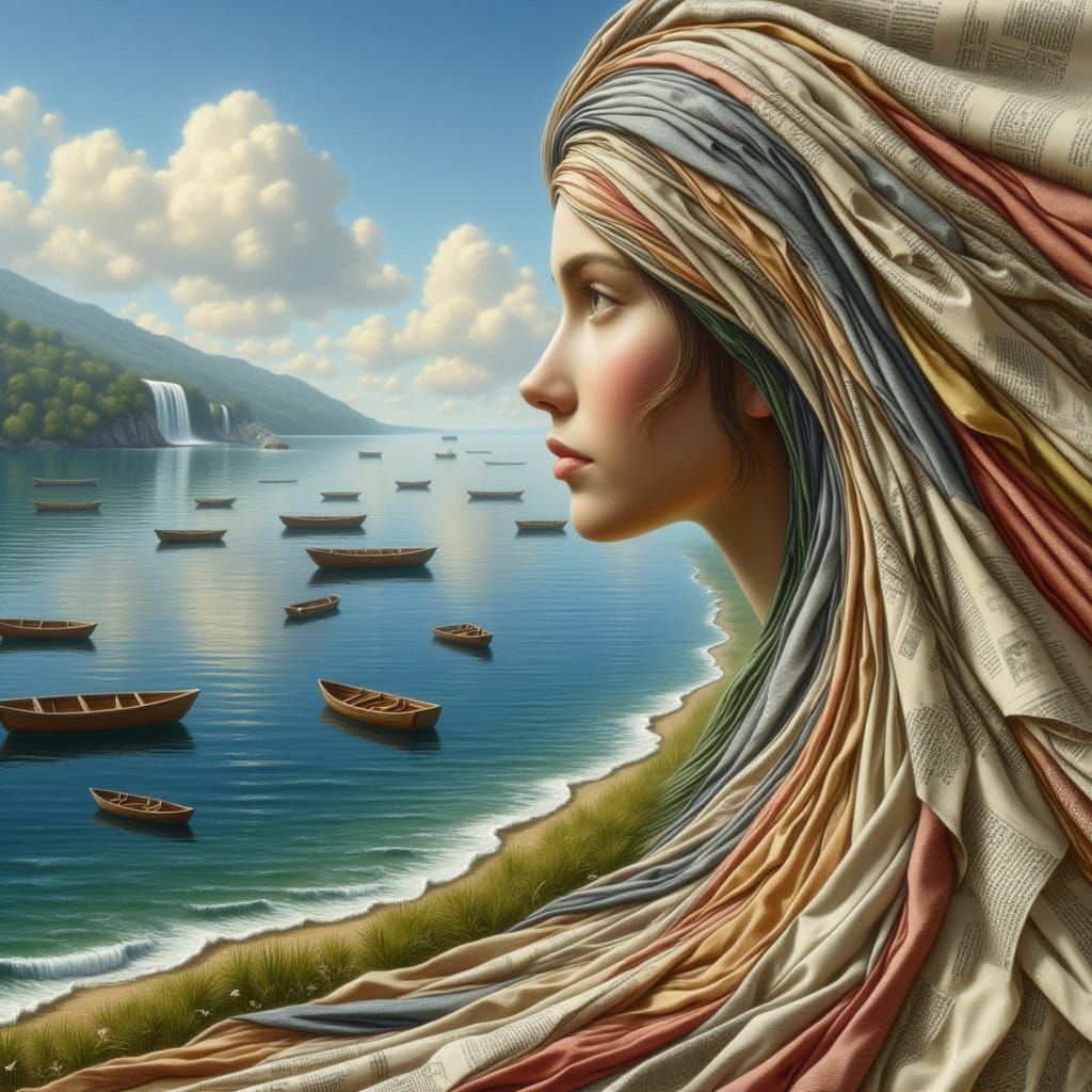 <lora:kak-FabricFace:1.0>Face, mixed media newspaper, fabrics, shore, boats, waterfall.