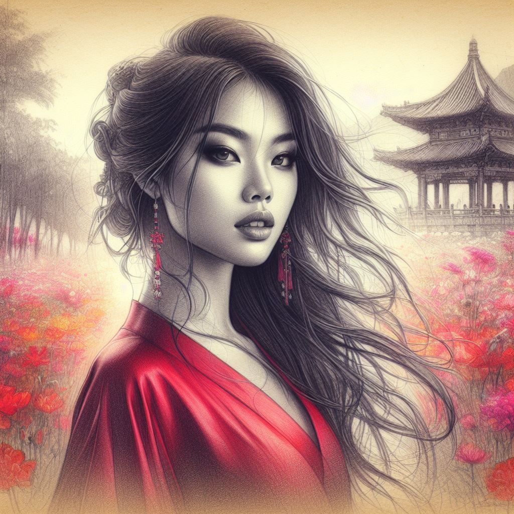 Pencil Sketch of a Beautiful Asian Woman
