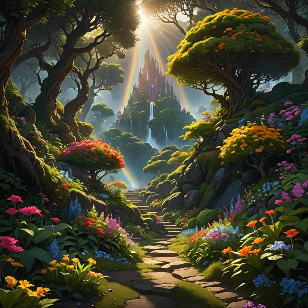 two shrubs meeting at the top, path to an enchanted forest, ...