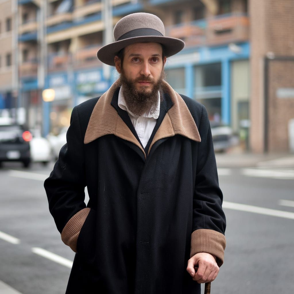 Orthodox Rabbi Walking to Synagogue in City Street
