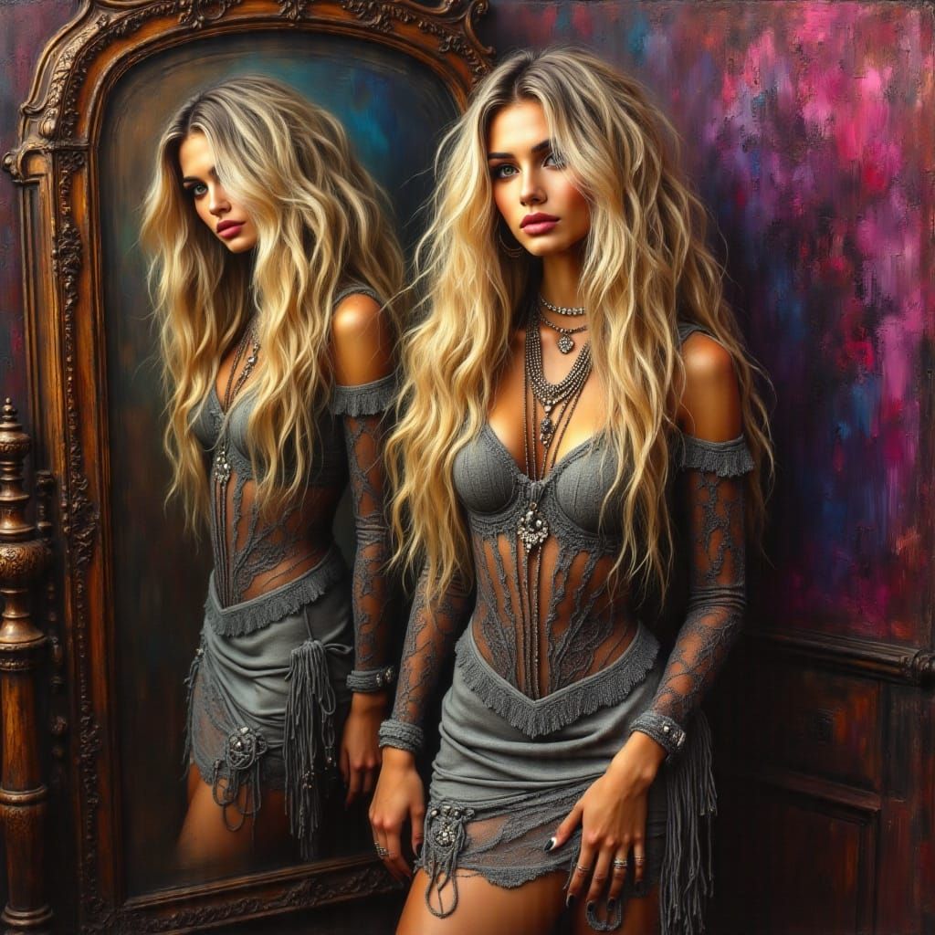 <lora:MJ6 Dark Oil Paint:1.0> <lora:Beautiful women:1.0> She was a beautiful tall shaggy long blonde hair wearing large silver hoops and thi...