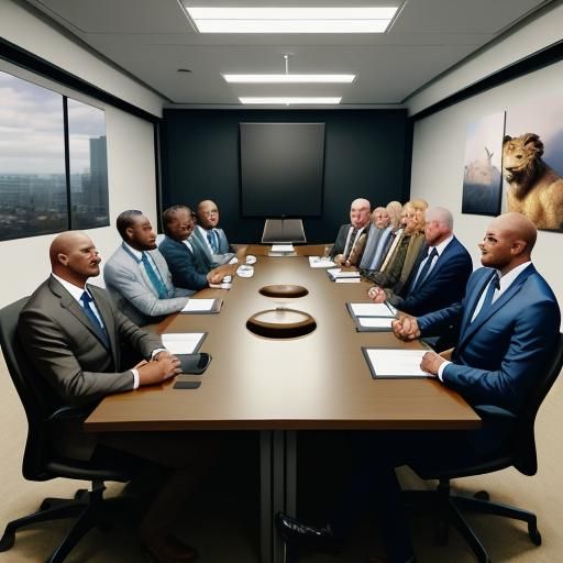 A business meeting between Anthropomorphic animals, a shark....