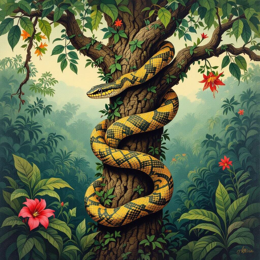 snake slithering in a tree in a dense jungle 