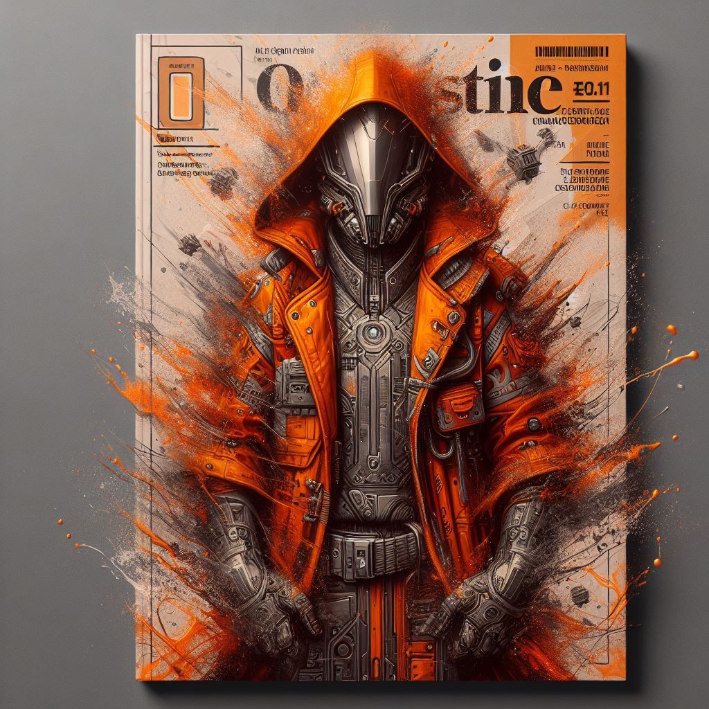 Magazine cover ad of orange cyberpunk cloak 6