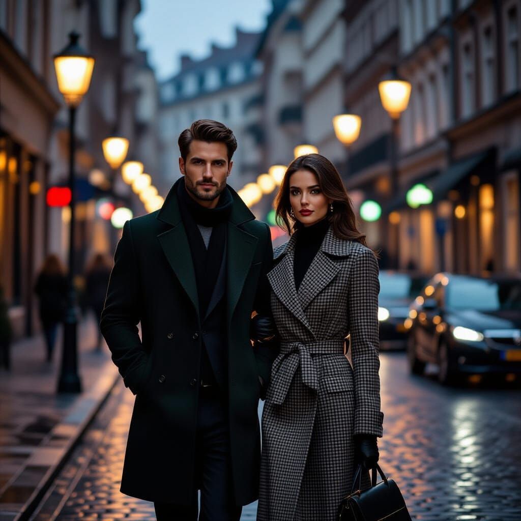 Elegant Couple on Misty European Street at Dusk