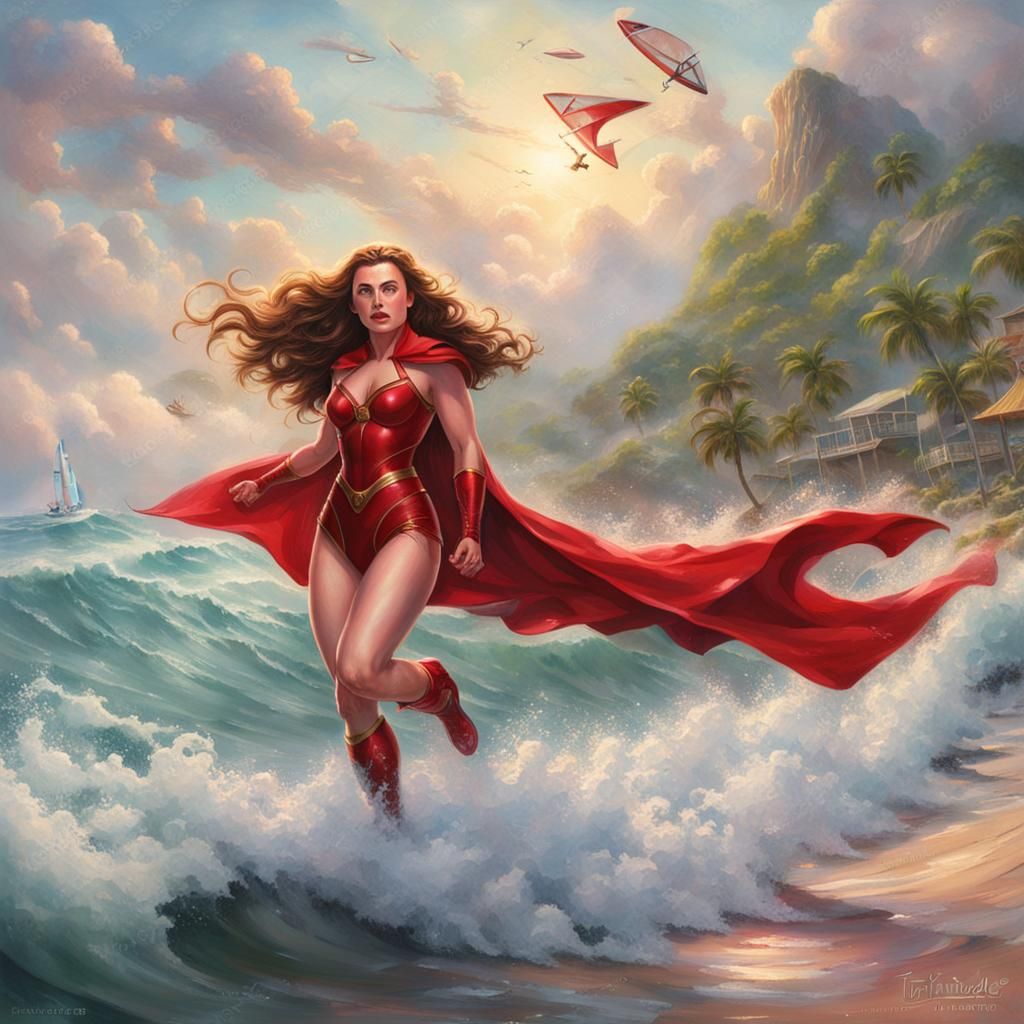 Hyper-realistic superhero Scarlet Witch wearing a red bikini...