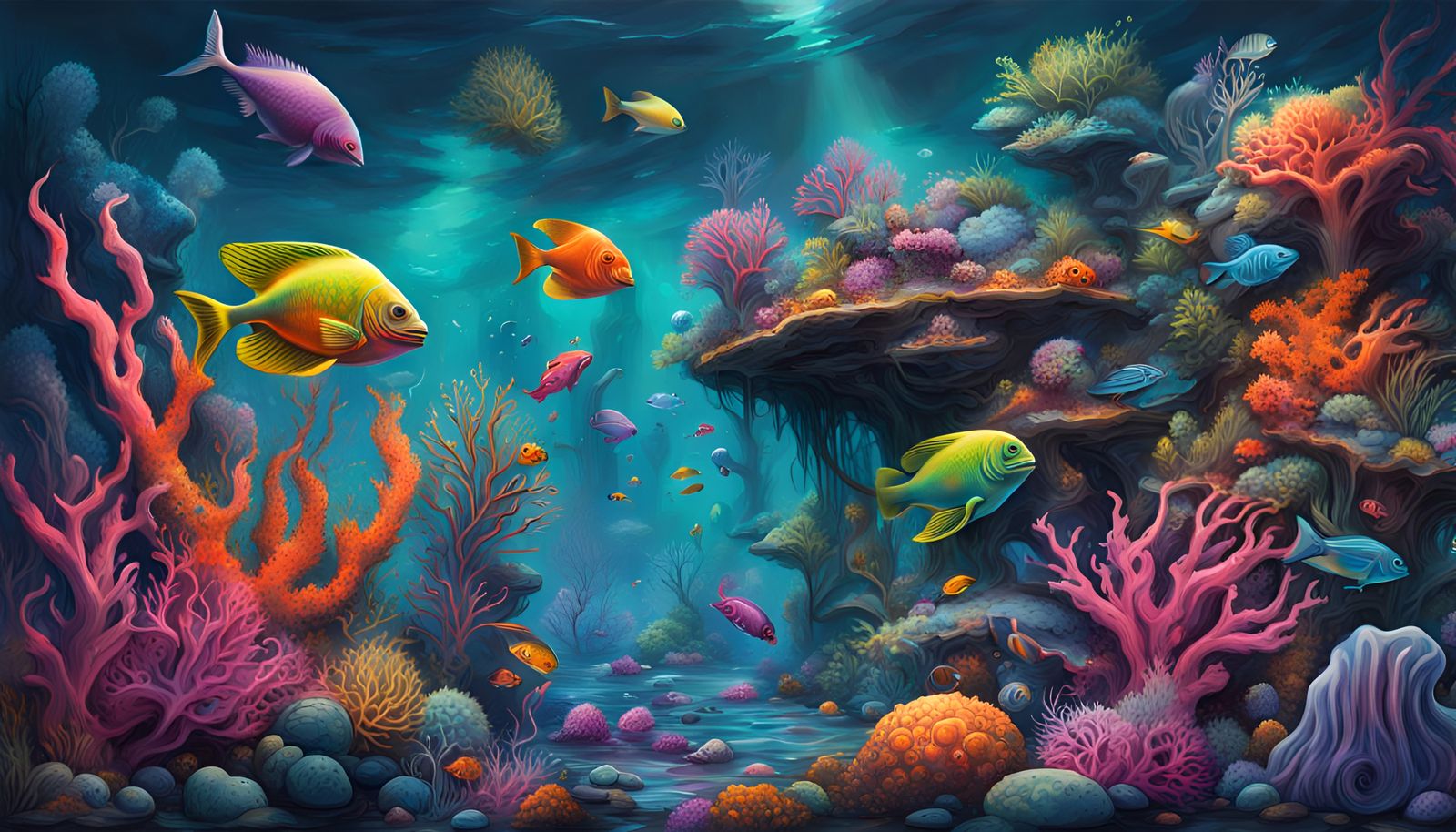 ax bioluminescentvgreat reef with sea creatures aplenty graffiti art ...