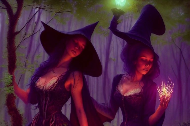 Witch Coven in Forest, Pre-Raphaelite Style