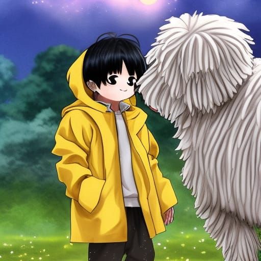 Boy, Yellow raincoat, standing next to old English sheep dog