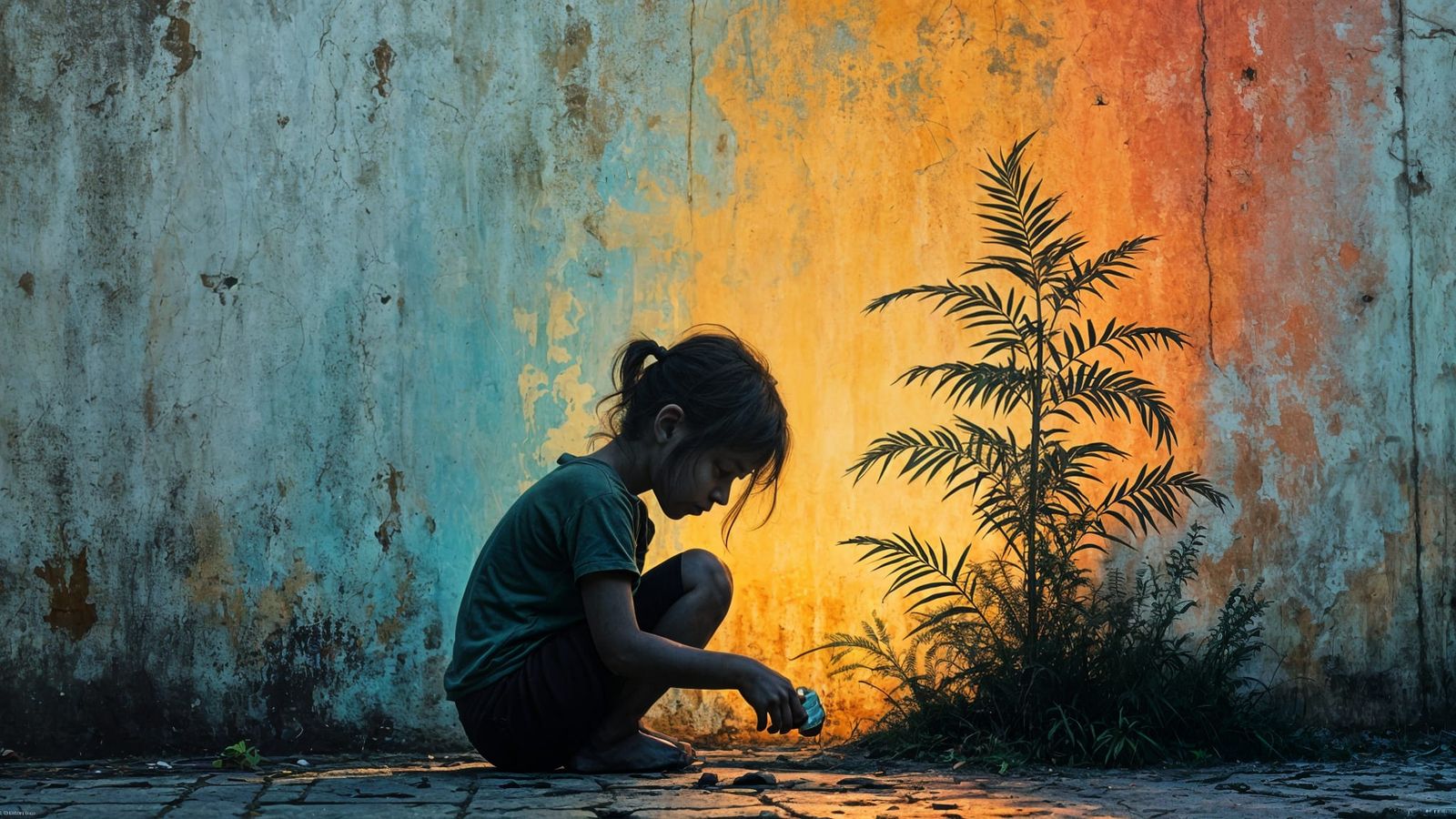 A Banksy themed silhouette of a young girl sitting on her knees, plastered against a weathered wall, ...  by @KayRuOK