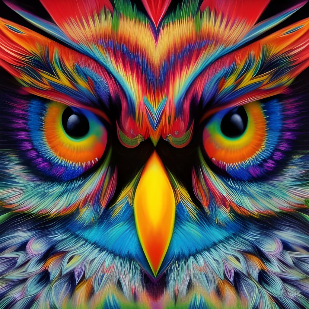 Psychedelic owl, crayon on black board  by @Fungidelight