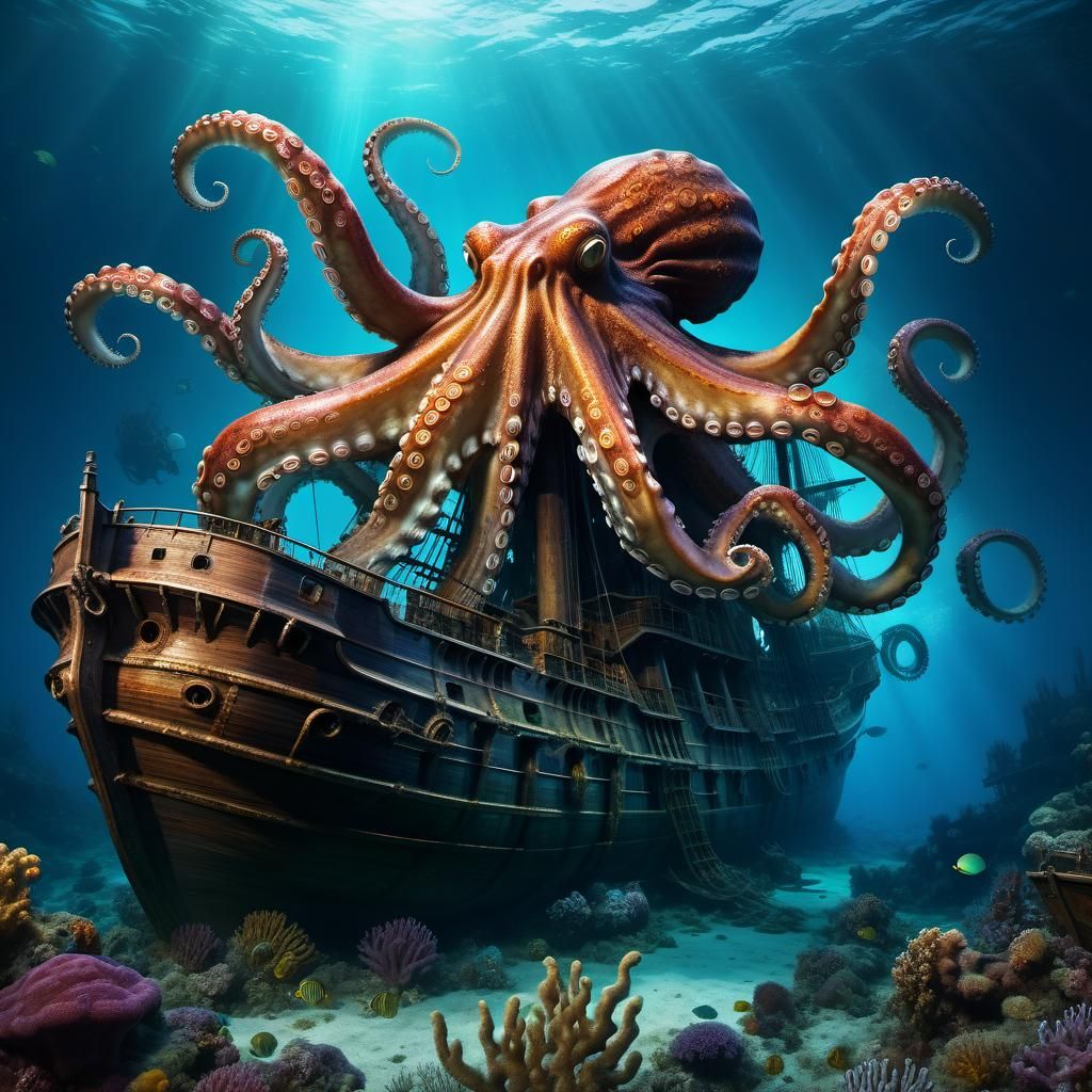 A huge octopus plays with a ship wreck  by @LoreMakou