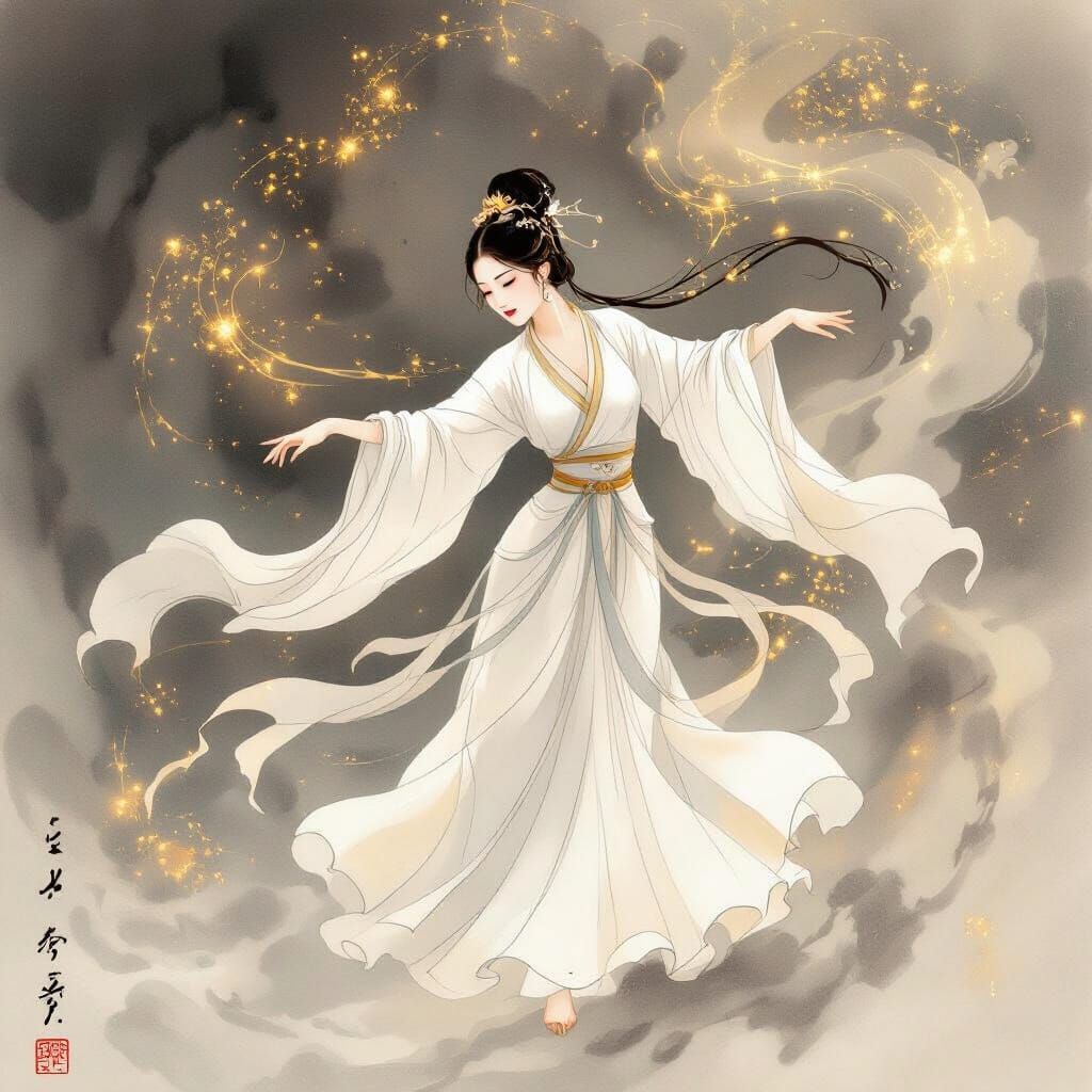 Celestial Maiden Dancing in Ethereal Mist