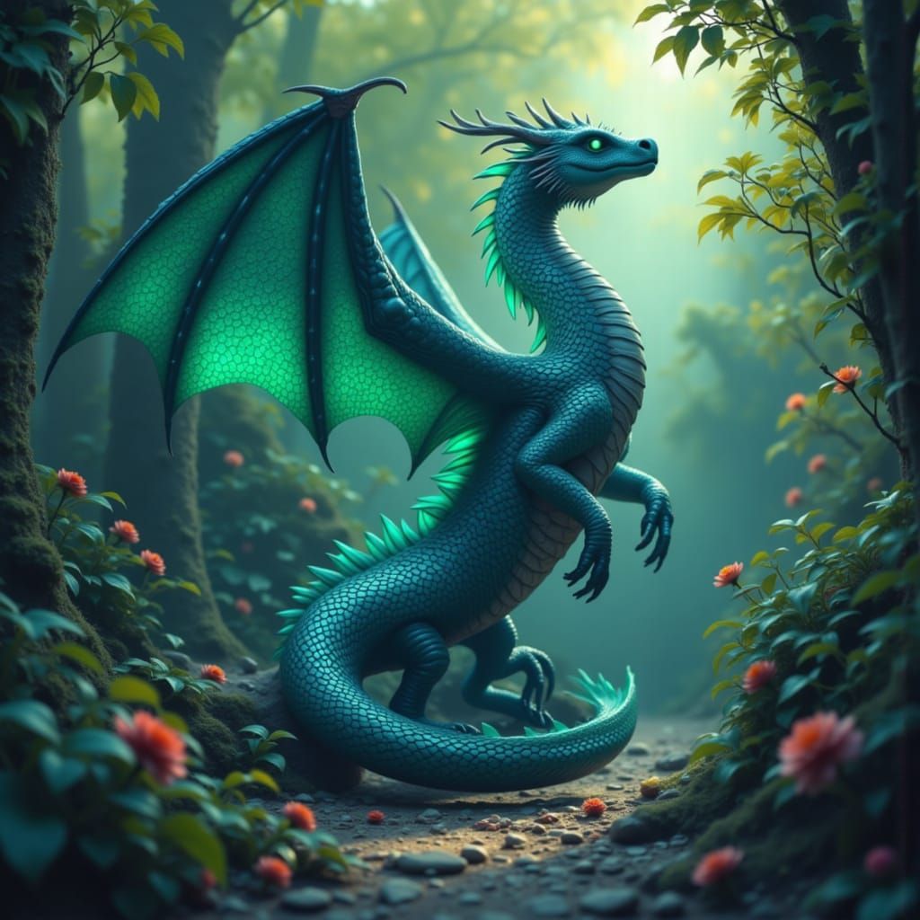 Detailed matte painting. Medium shot. A mythical dragon in a mystical forest, surrounded by ancient ruins. Slightly Dutch angle. Fantasy con...
