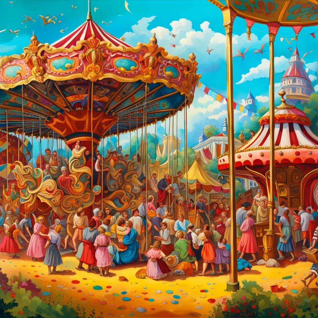 big fun crowded-fair ancient with merry-go-round, retro storybook ...