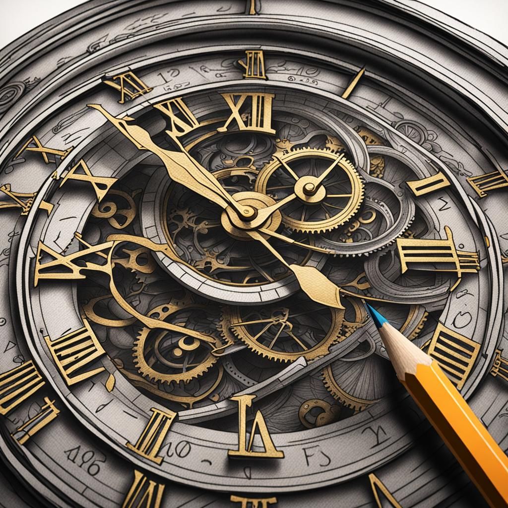 Extreme close up of detailed pencil sketch of clock.