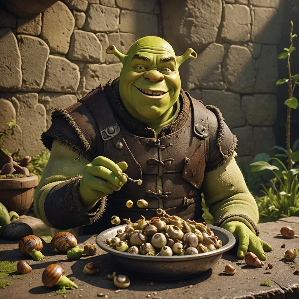 Shrek eats snails out of a bowl - AI Generated Artwork - NightCafe Creator