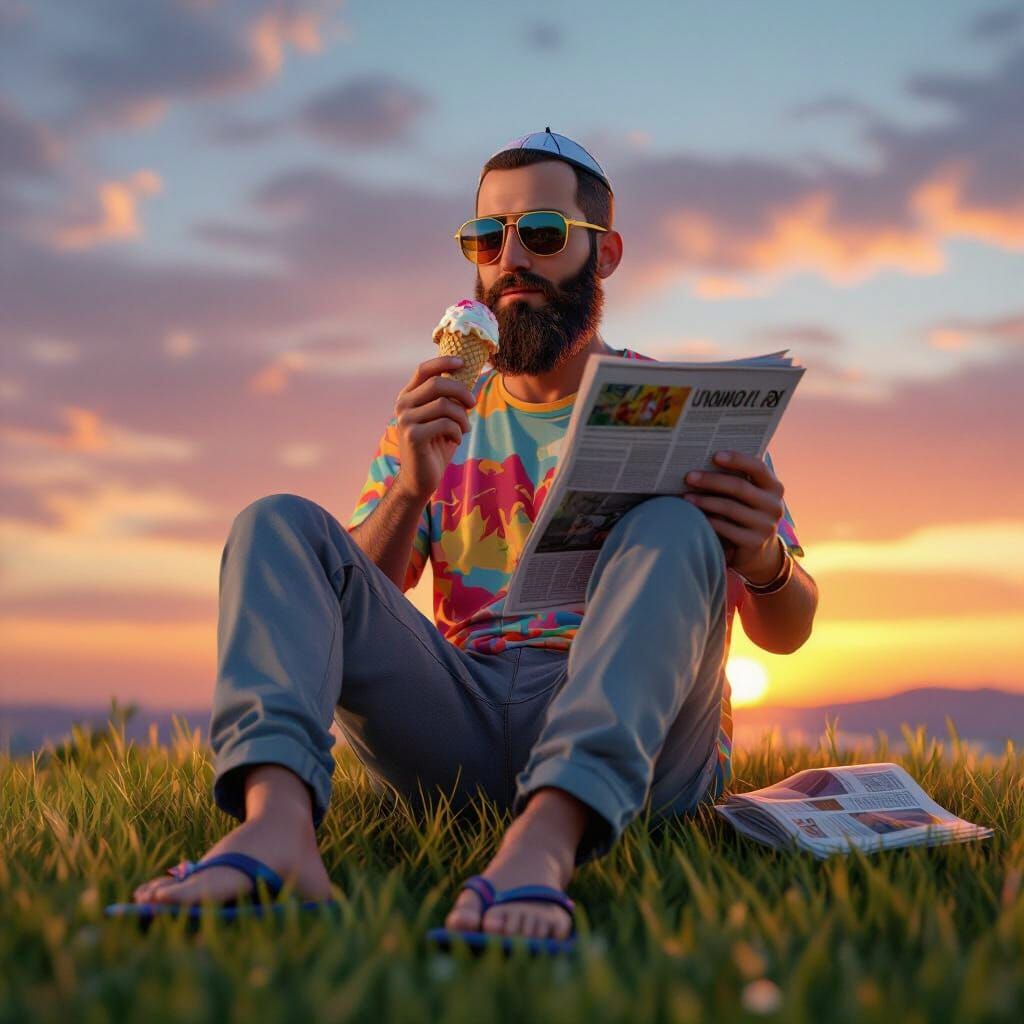 Man Enjoys Ice Cream at Sunset in Realistic 3D Style
