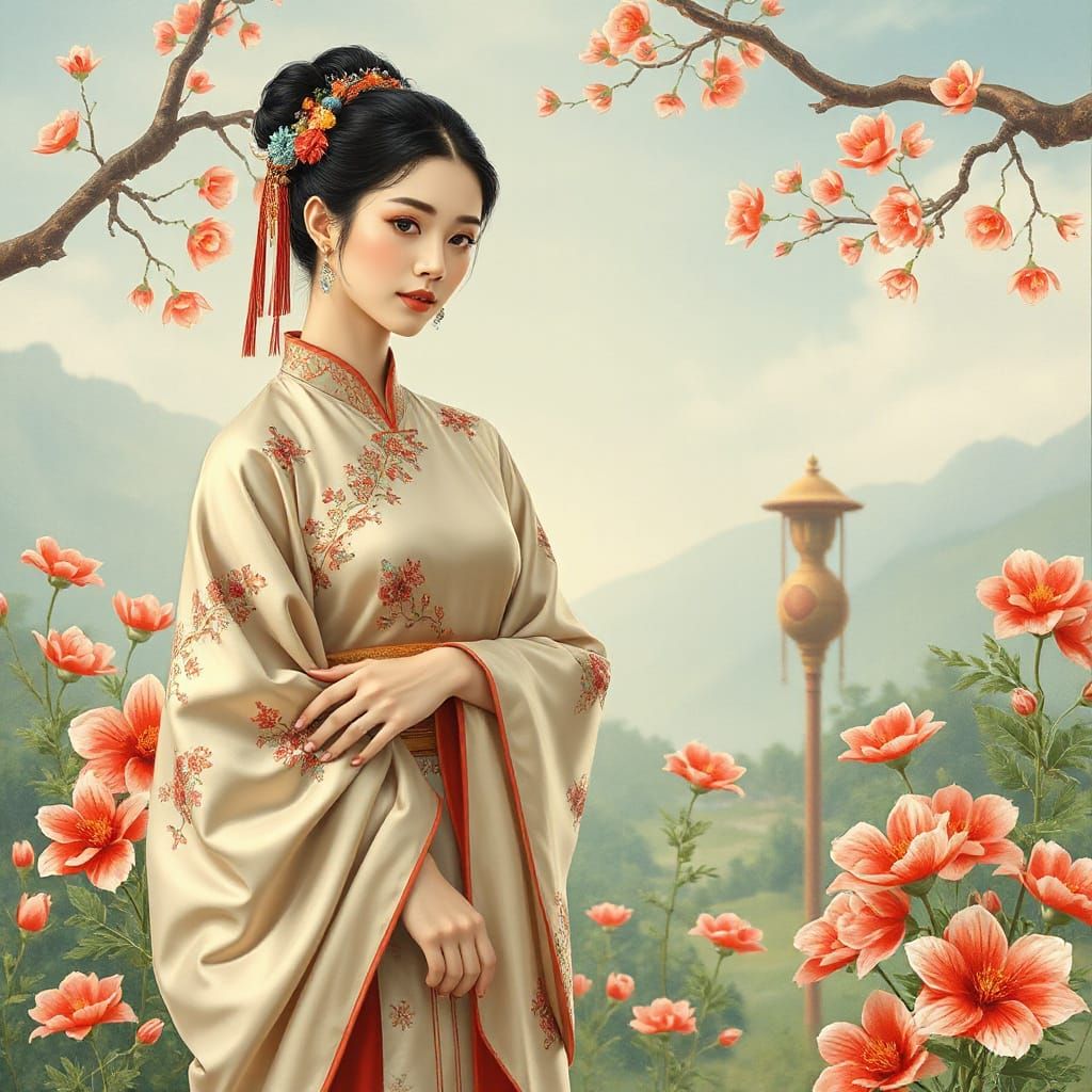 Elegant Chinese Woman in Serene Garden, Classical Painting