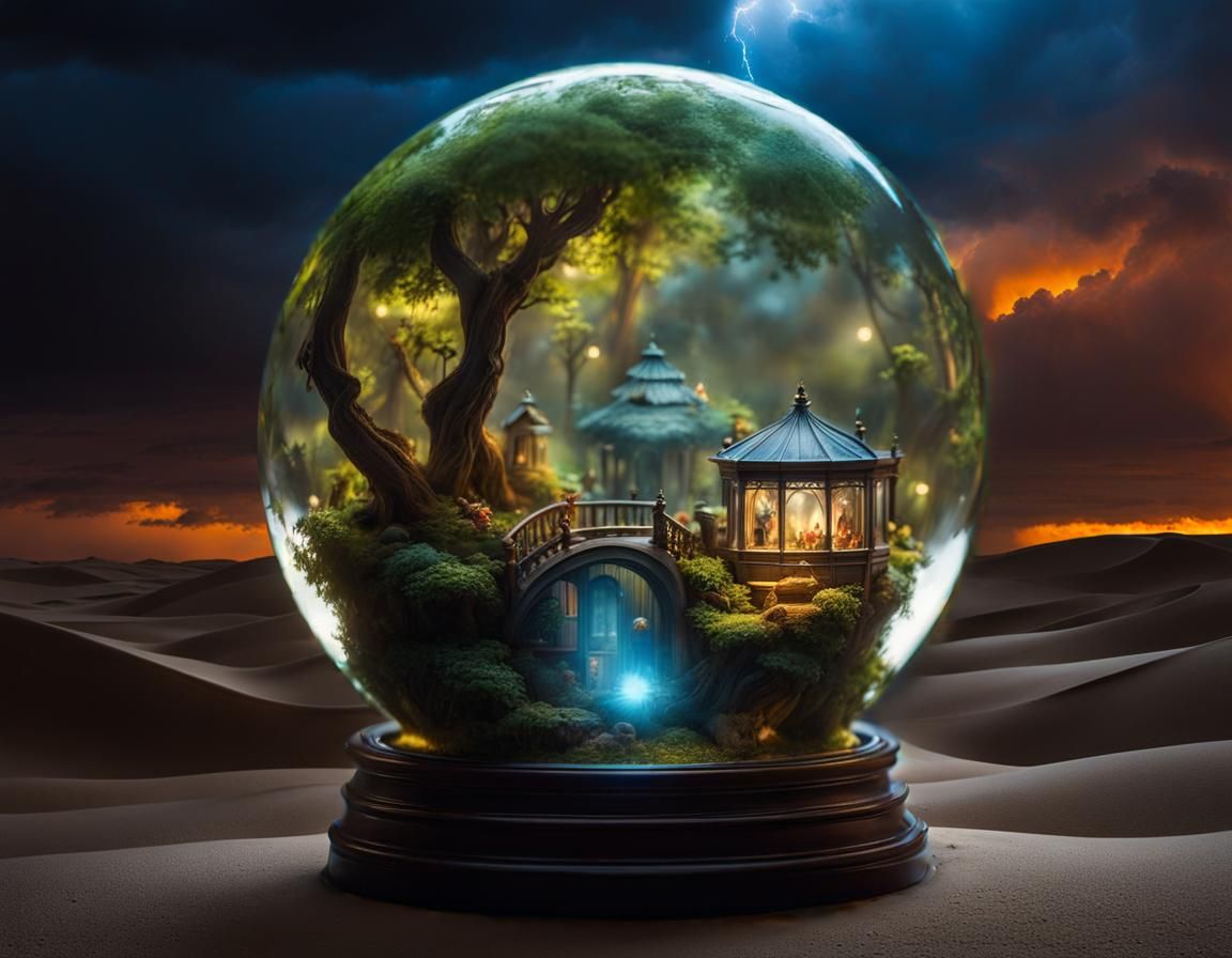 garden in glass ball on storm in the desert  by @Jarek