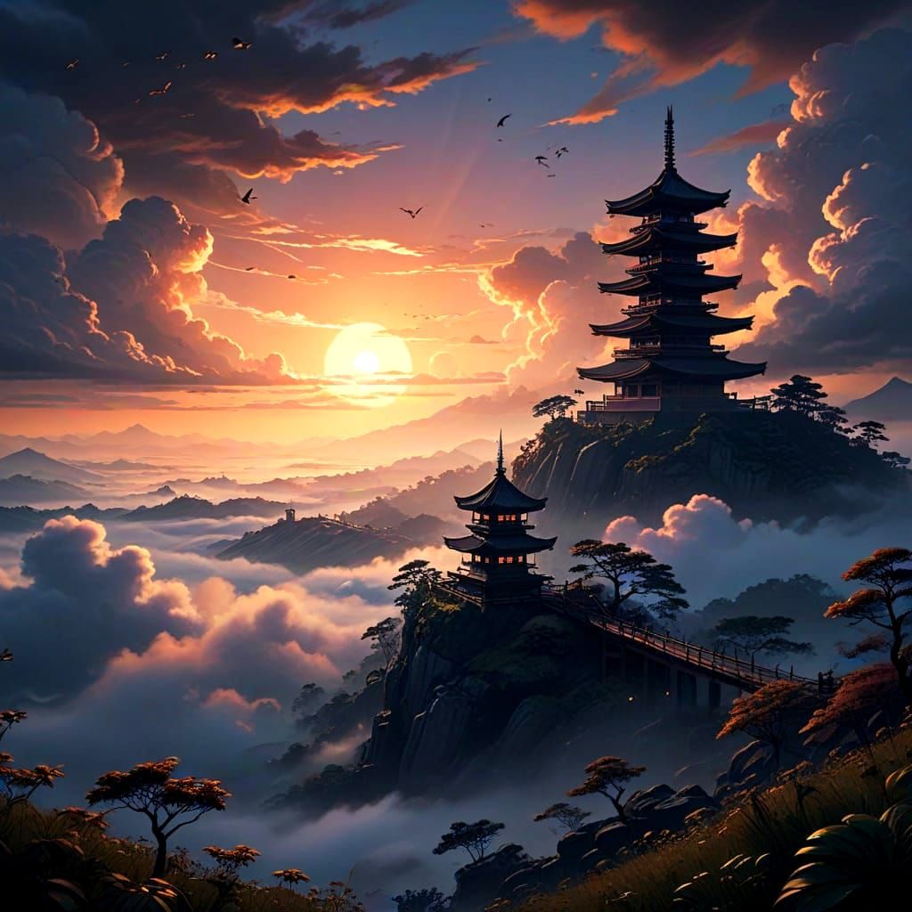 Surreal Pagode Rises Above Cloudy Horizon in Anime Style