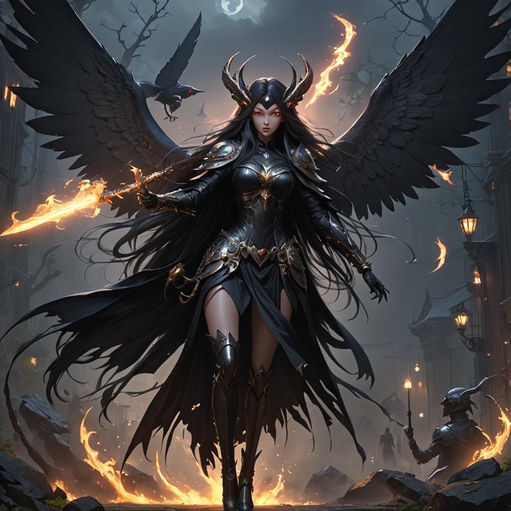 Mothman as a humanoid woman in a fantasy setting, long hair,...