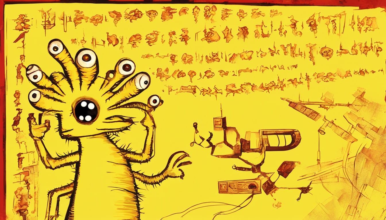 A grotesquely elongated, emerald-skinned alien with six large, black-rimmed eyes and four muscular, claw-tipped hands, huddles over a dimly...