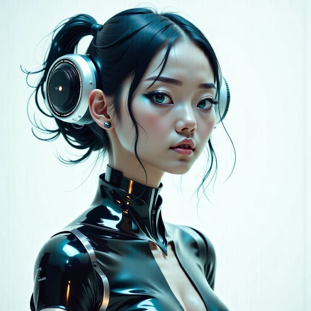 <lora:Project Sakura Fx:1.0>, insane fashion photography beautiful young woman serene futuristic Cyberqueen translucent skin robotic head su...